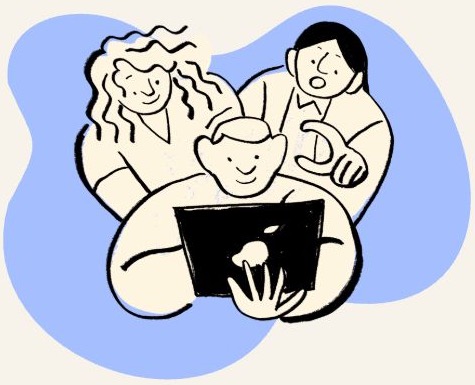 Illustration of three coworkers gathered around a laptop