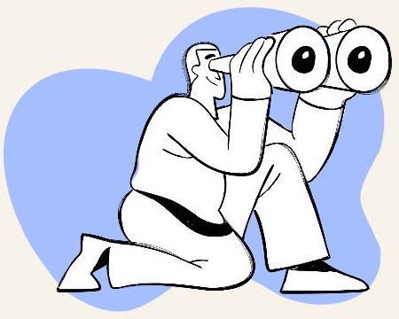 Illustration of a person kneeling and looking through a large pair of binoculars